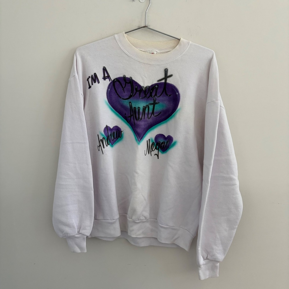 Vintage Jerzees Airbrush Great Aunt Sweatshirt White Large Made in USA 90s